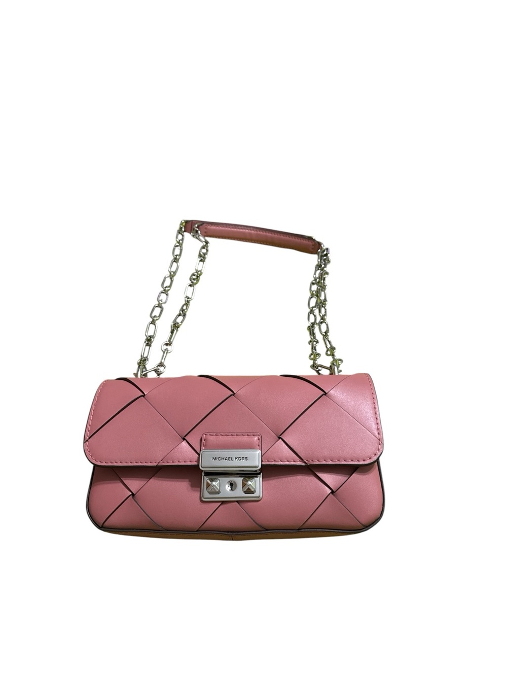 Michael Kors Tribeca Small Woven Leather Shoulder Bag Rose color Msrp $378